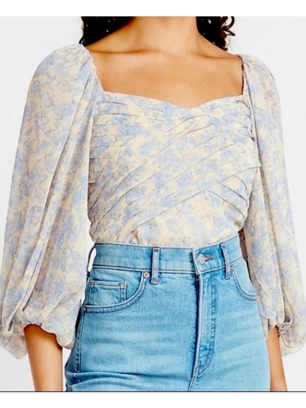 Express Blue Floral Pleated Sheer Puff Balloon Sleeve Blouse Top Shirt Small S